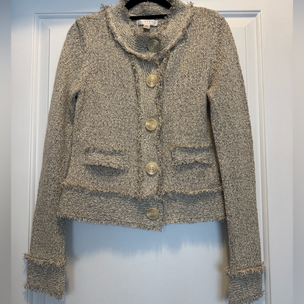 Kenar Women’s Cream Tweed Chanel Style Cardigan Sweater Jacket Size Medium